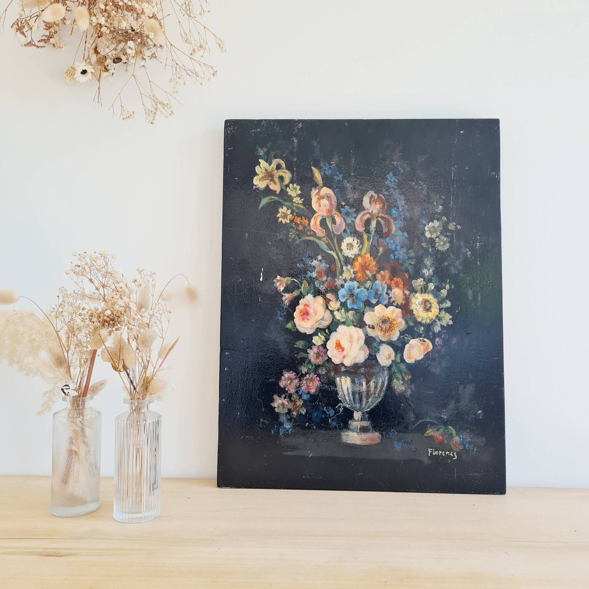 Antique painting on wood - bouquet of flowers