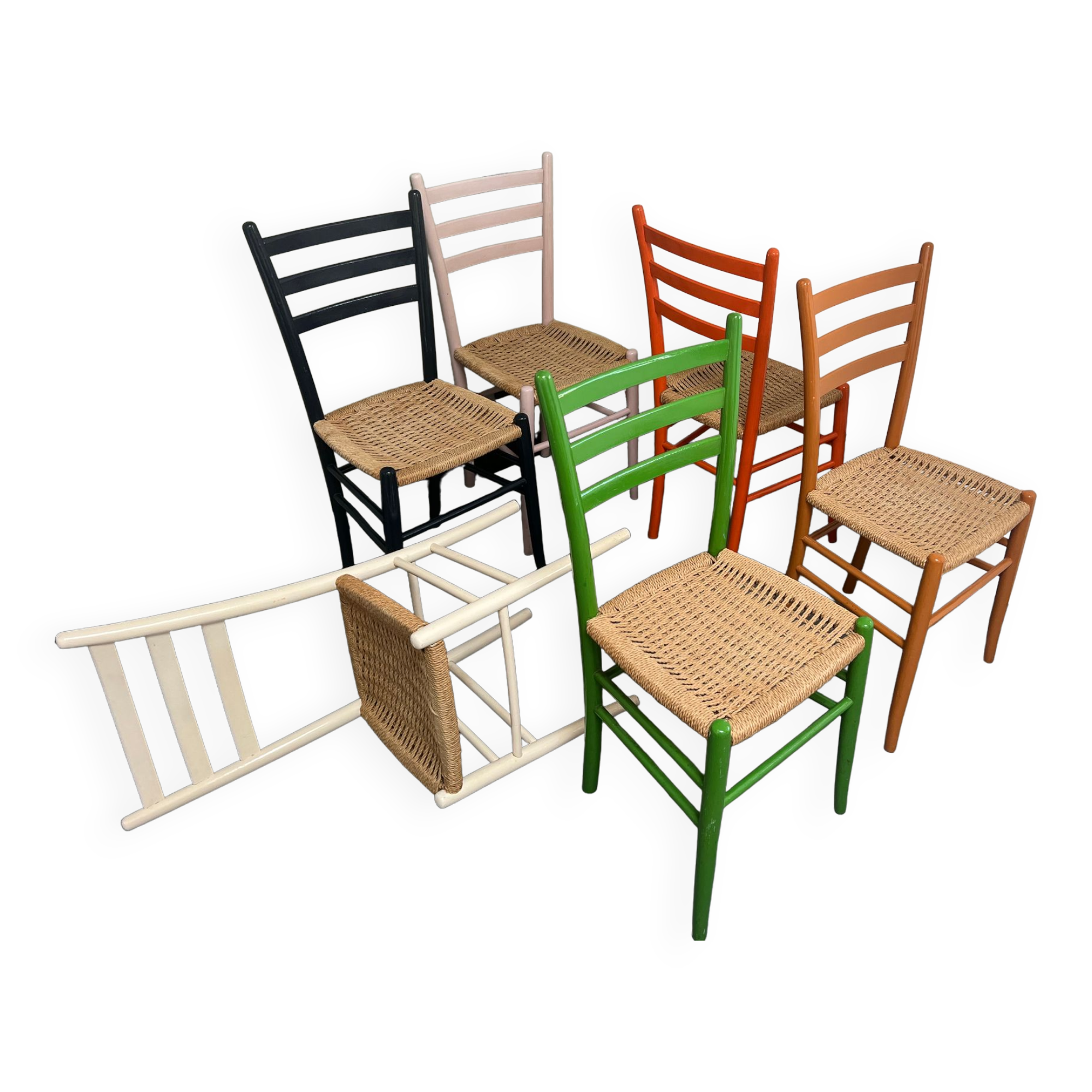 6 Italian chairs from the 60s solid beech and rope