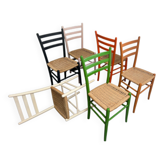 6 Italian chairs from the 60s solid beech and rope