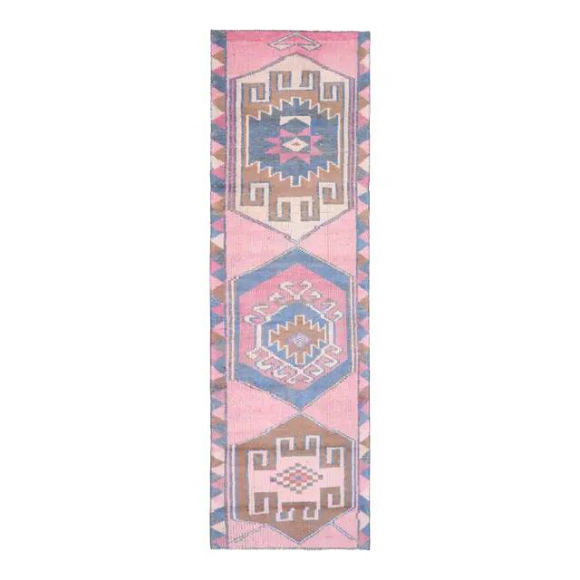 1970s Vintage Turkish Oushak Handmade Wool Cotton Pink Runner Rug 89x299