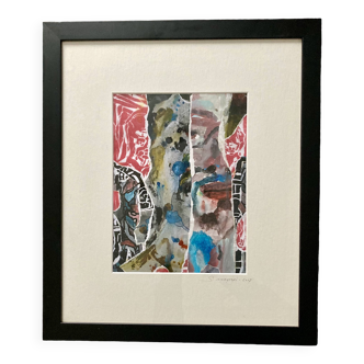 Peinture à l'huile sur papier Technique mixte Salah Mokhtari Artiste Peintre Graveur 45 x 53 cm
