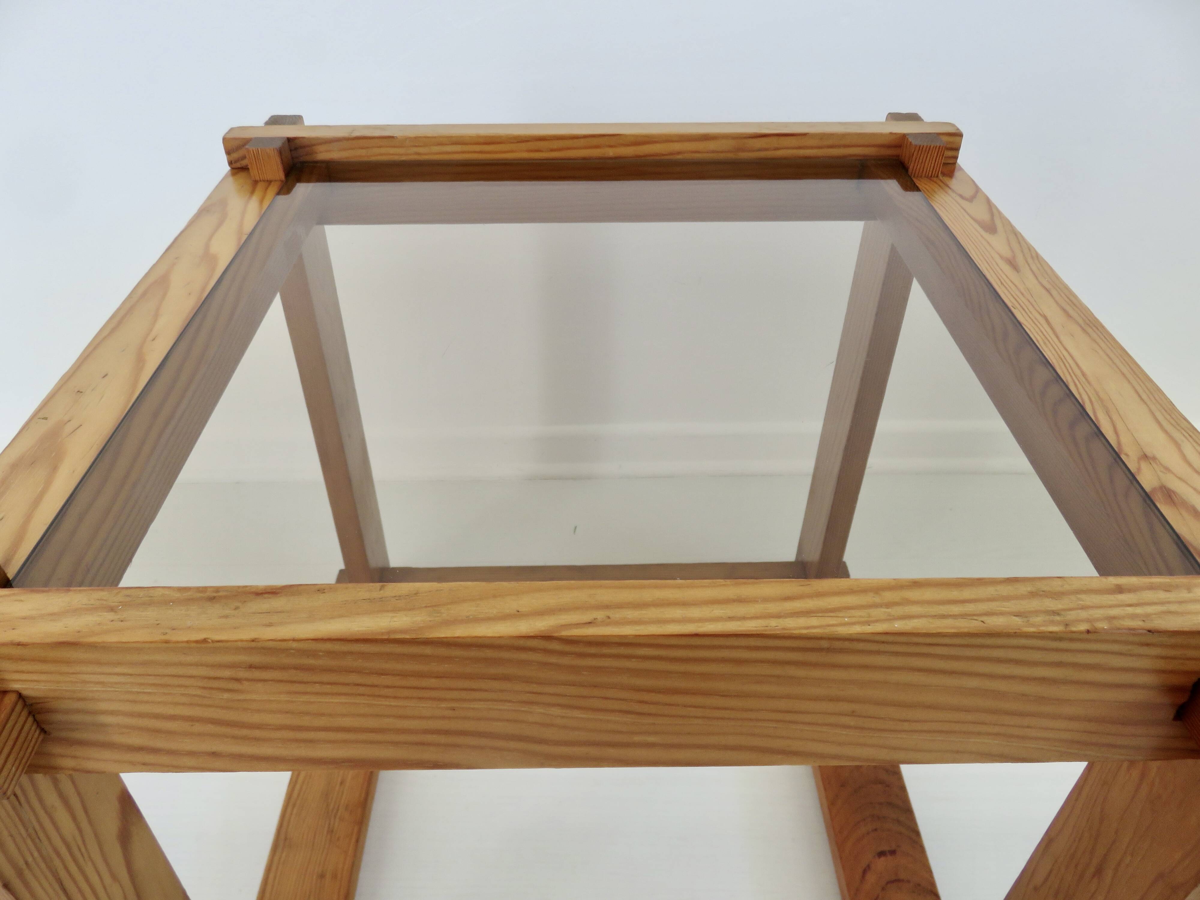 Scandinavian bedside table or side table in pine and smoked glass, 1980