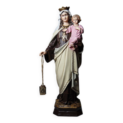 Statuette stuc ND du Mont Carmel, ateliers Olot, yeux en verre, 1920-1930