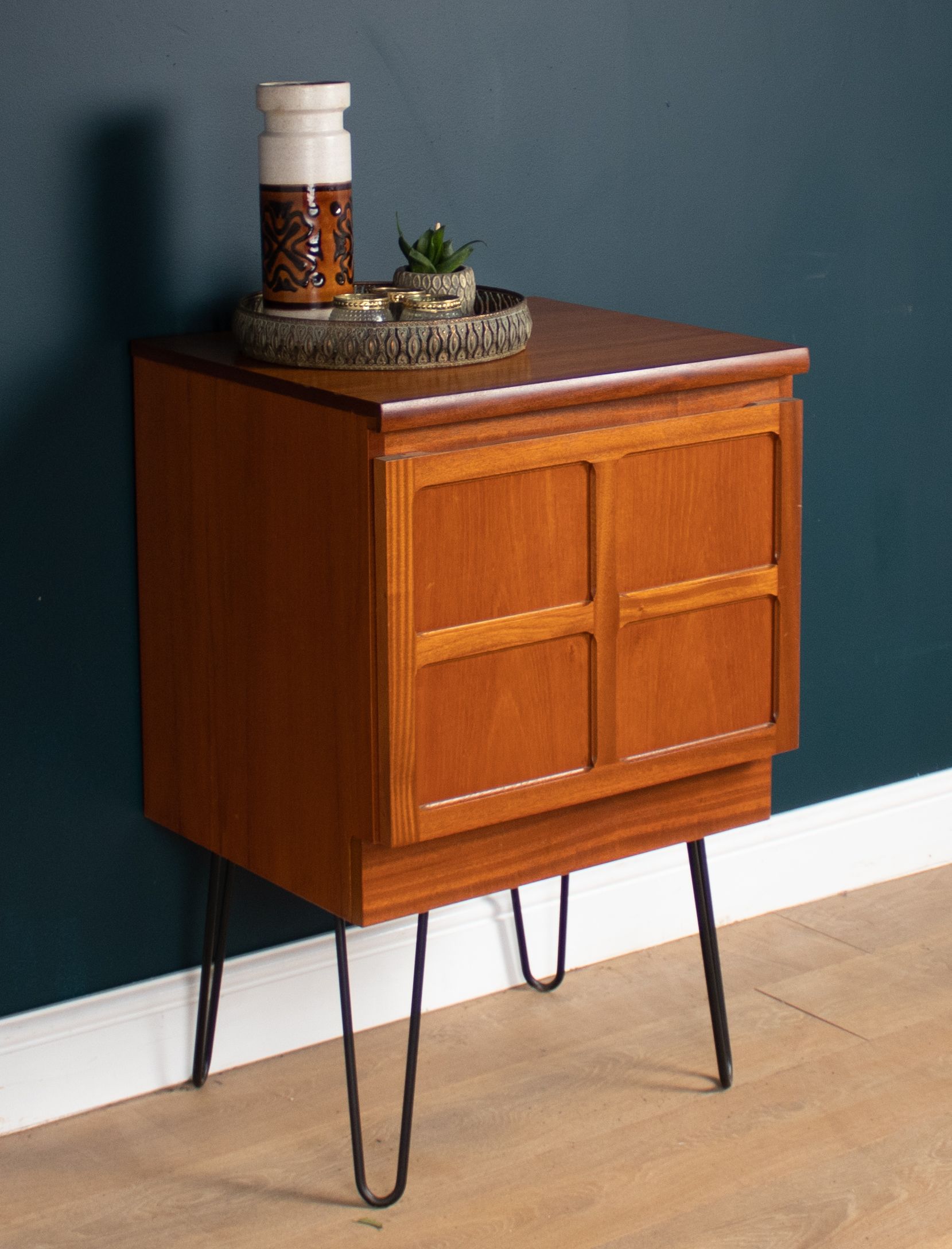 Restored Teak Retro 1960s Nathan Squares Lamp Table Cabinet Hair Pin Legs