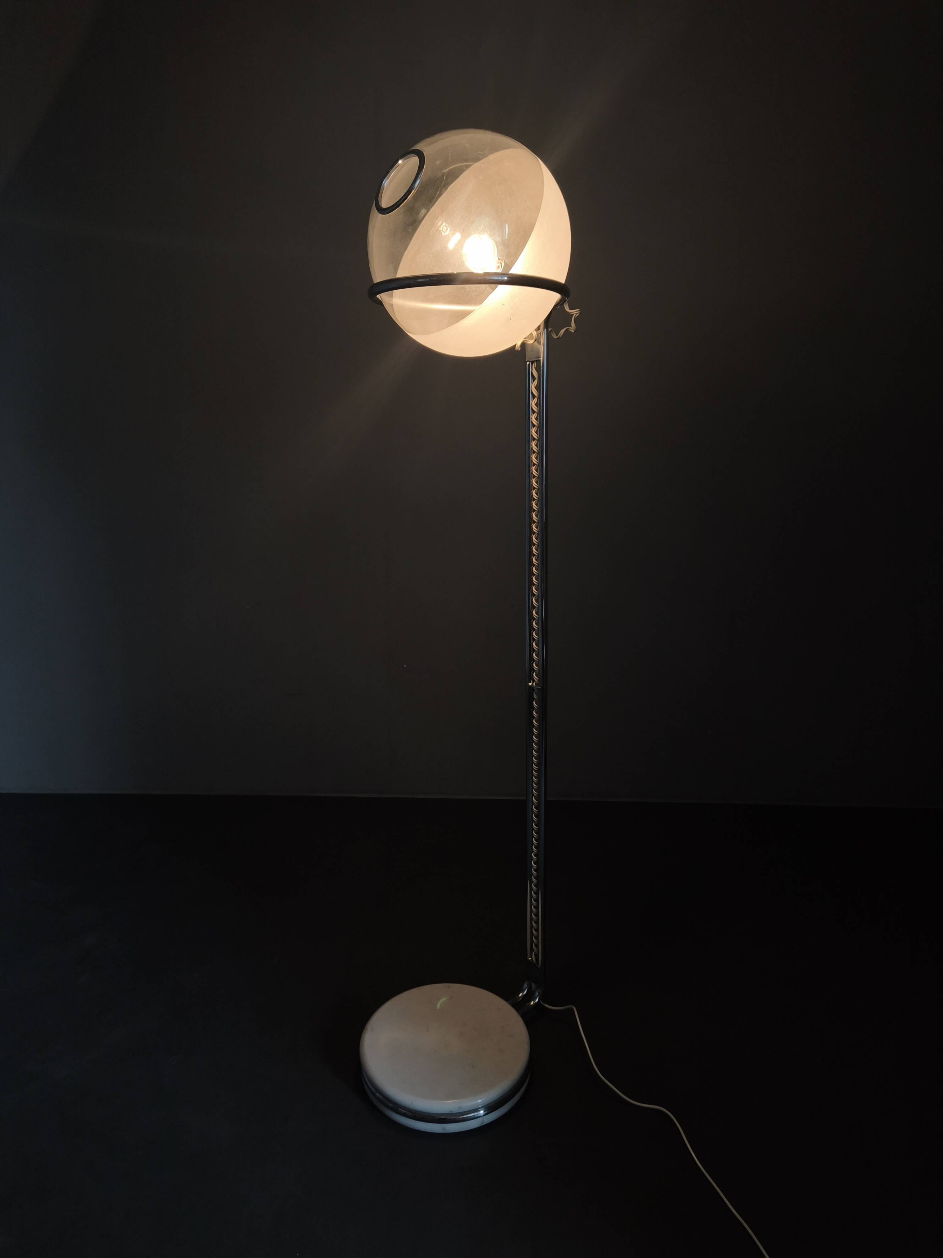 Italian Chrome Floor Lamp Glass Globe, Lenci Style, 1970s