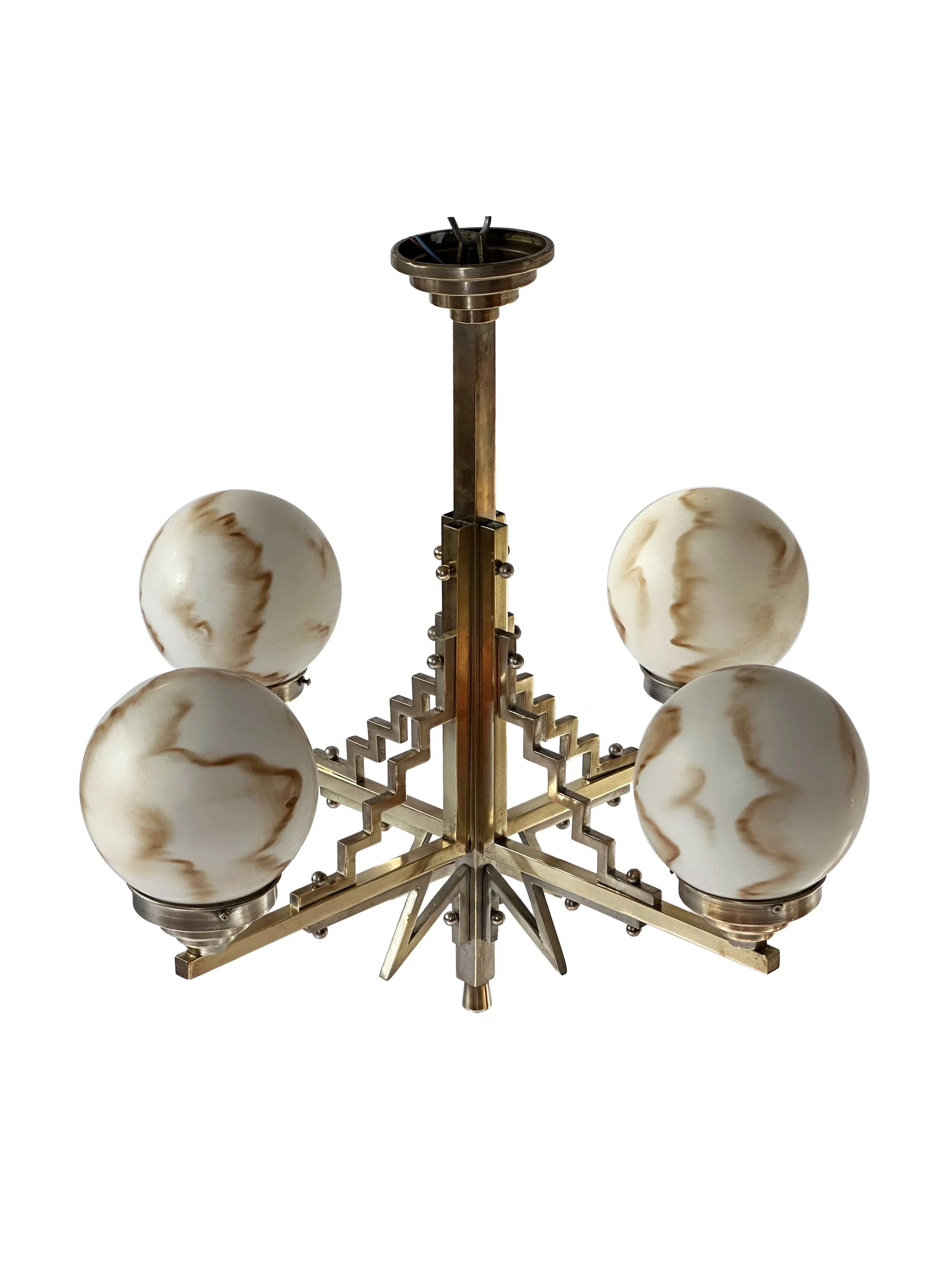 1930's brass and nickel Art Deco chandelier