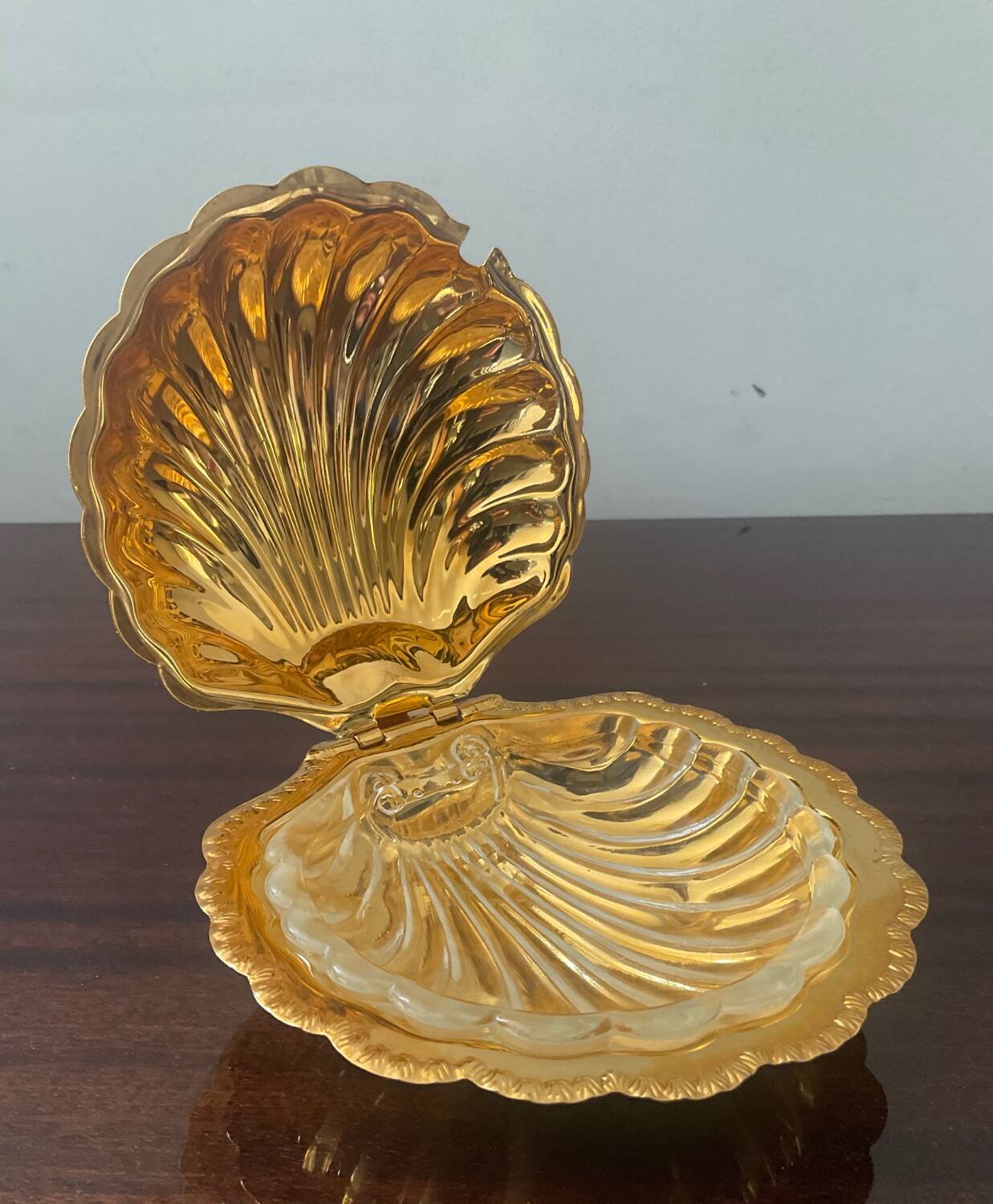Vintage shell butter dish in gold metal