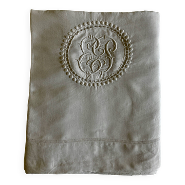 Drap 19e XXL en fil de lin brodé de pois Largeur 260cm
