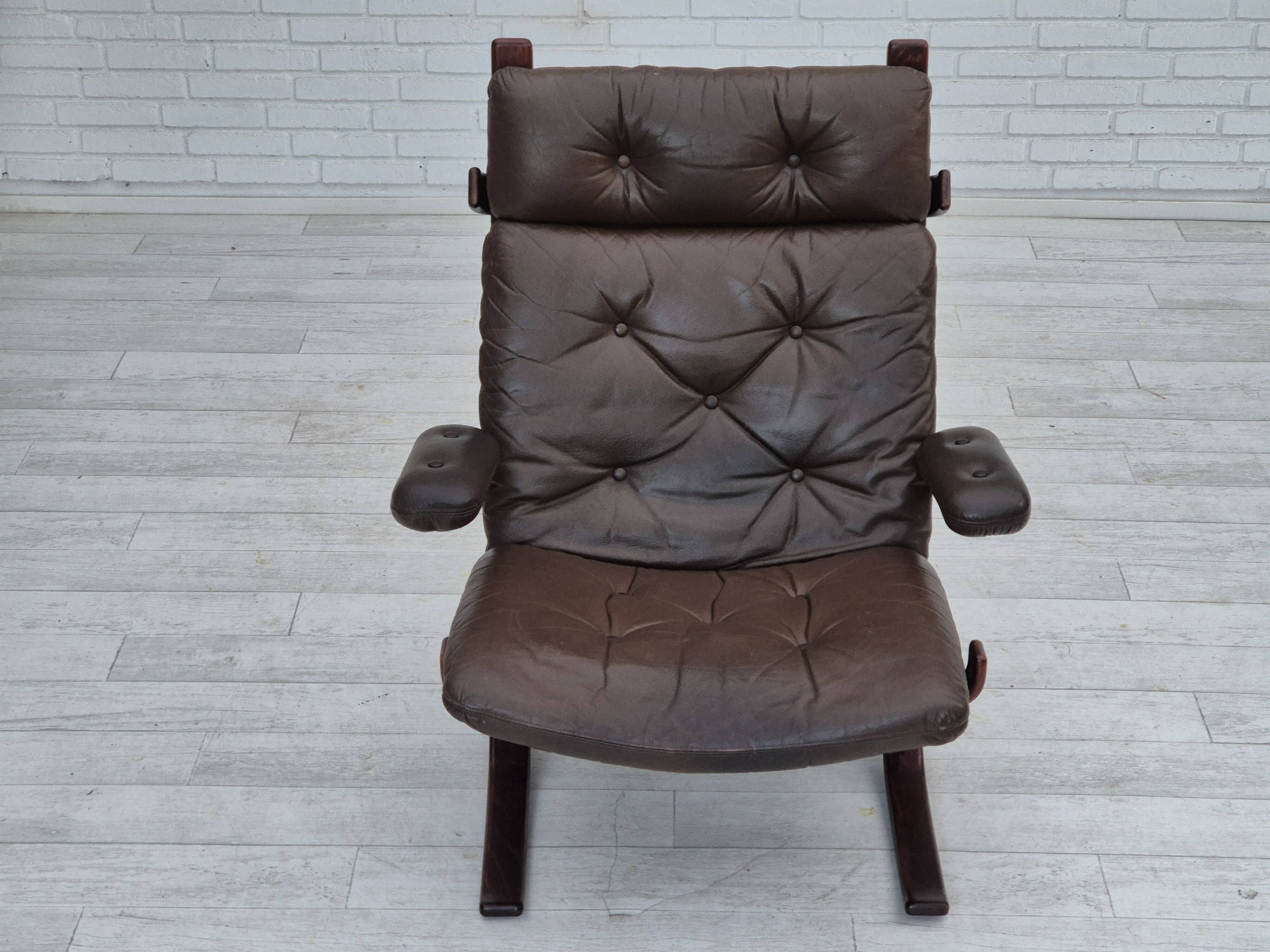1970s, Scandinavian armchair, original condition, furniture leather, bent wood, canvas.