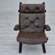 Fauteuil scandinave, état d'origine, meuble cuir, bois courbé, toile, années 1970