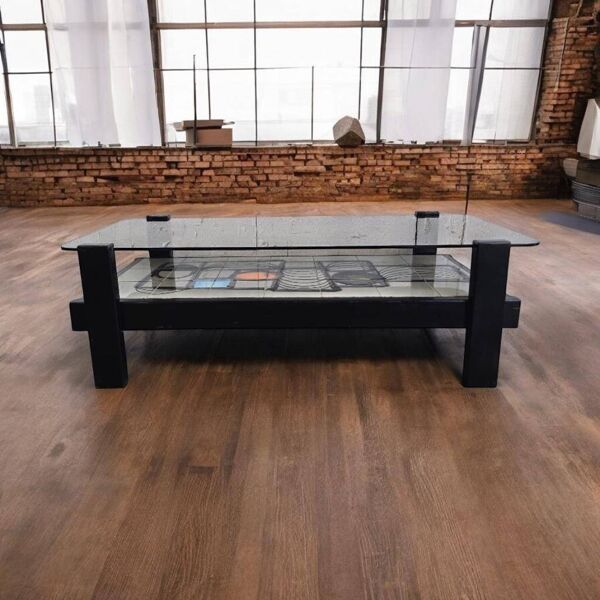 Table basse vintage en verre fumé marron