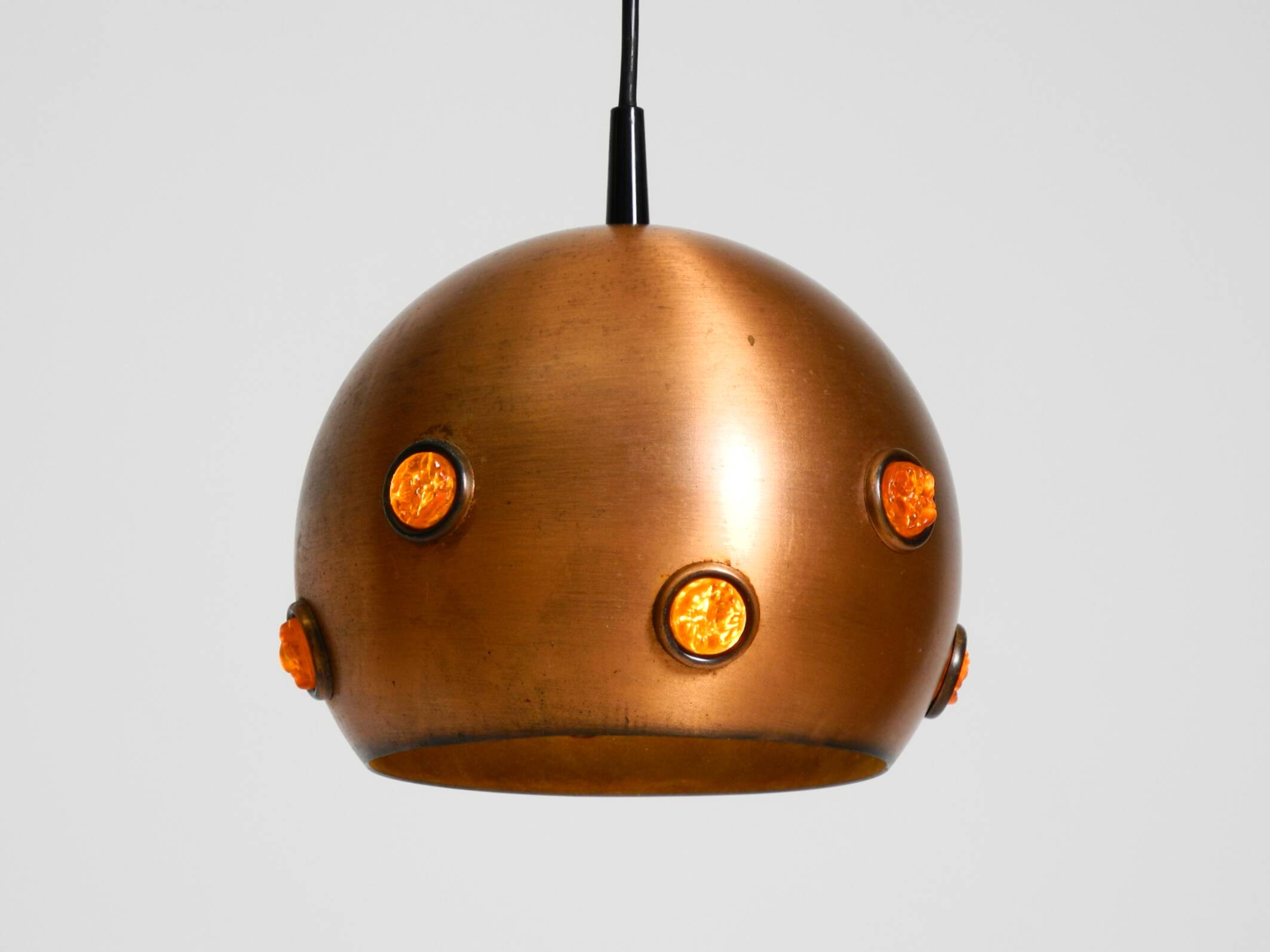 Original 1960s solid copper pendant lamp with orange synthetic glass stones