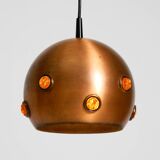 Original 1960s solid copper pendant lamp with orange synthetic glass stones