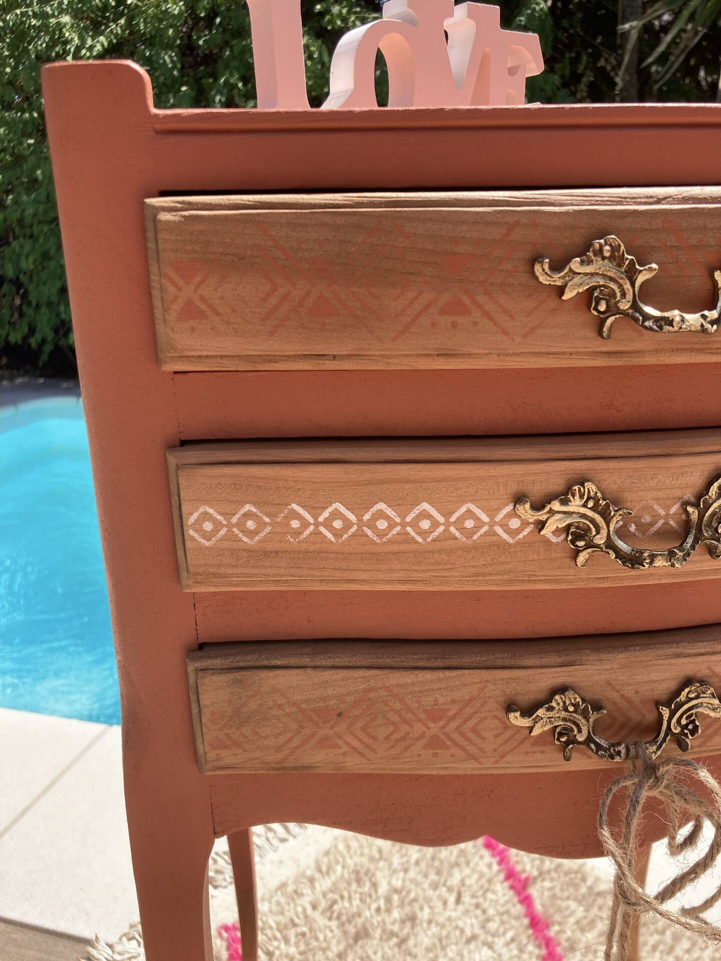 Pair of revamped bohemian / berber bedside tables with the heart "life is beautiful"
