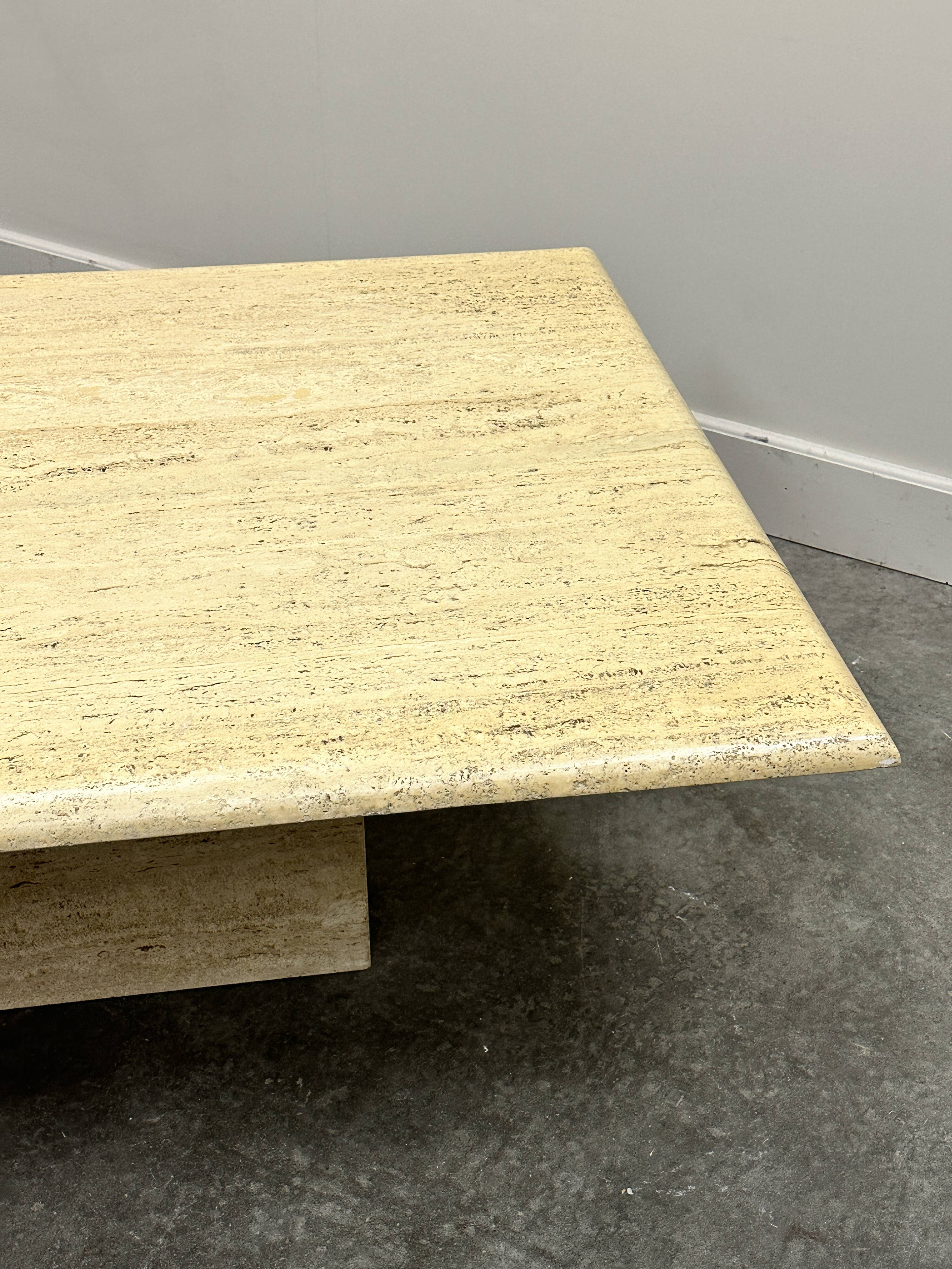Large Vintage Brute Travertine Square Coffee Table, France 1970s.