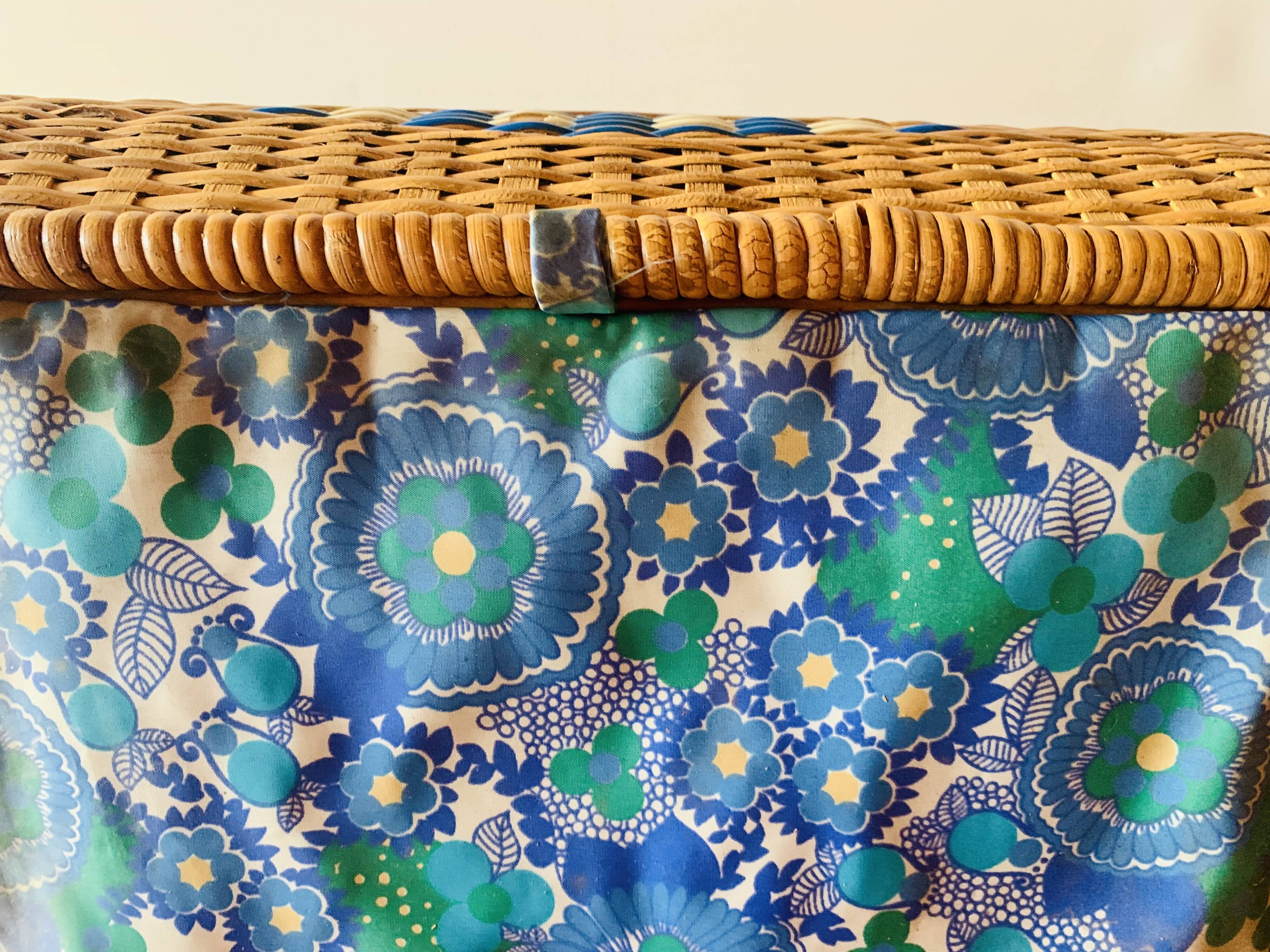 Large vintage rattan and wicker sewing basket with fabric seat