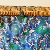 Large vintage rattan and wicker sewing basket with fabric seat