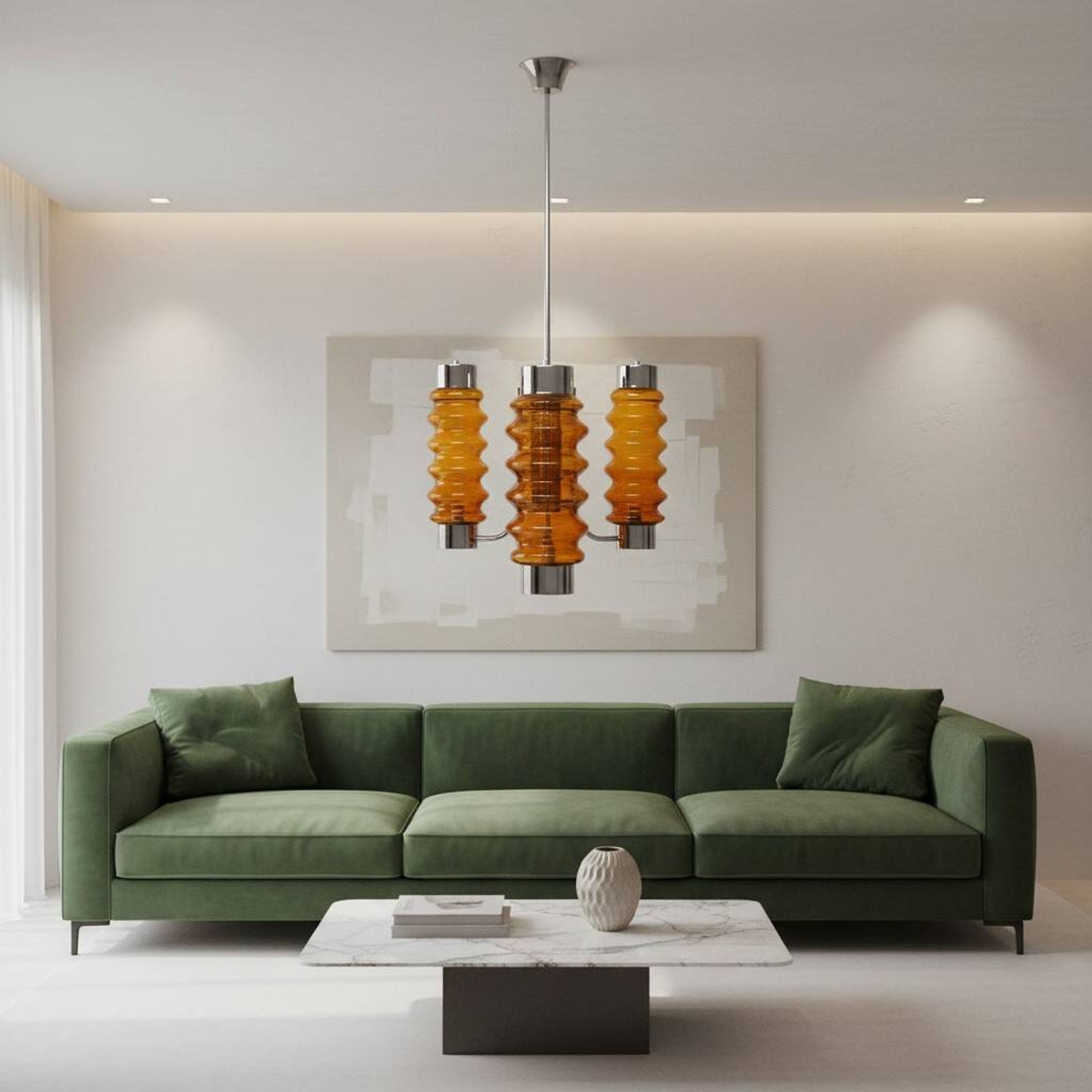 Mid Century Modern large chandelier with amber glass
