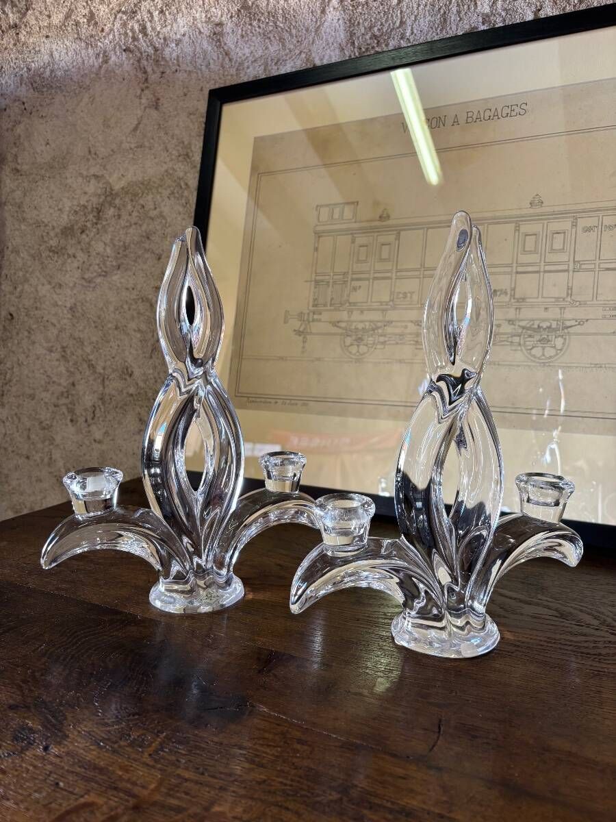 Pair of crystal candlesticks Vannes le Chatel Lorraine
