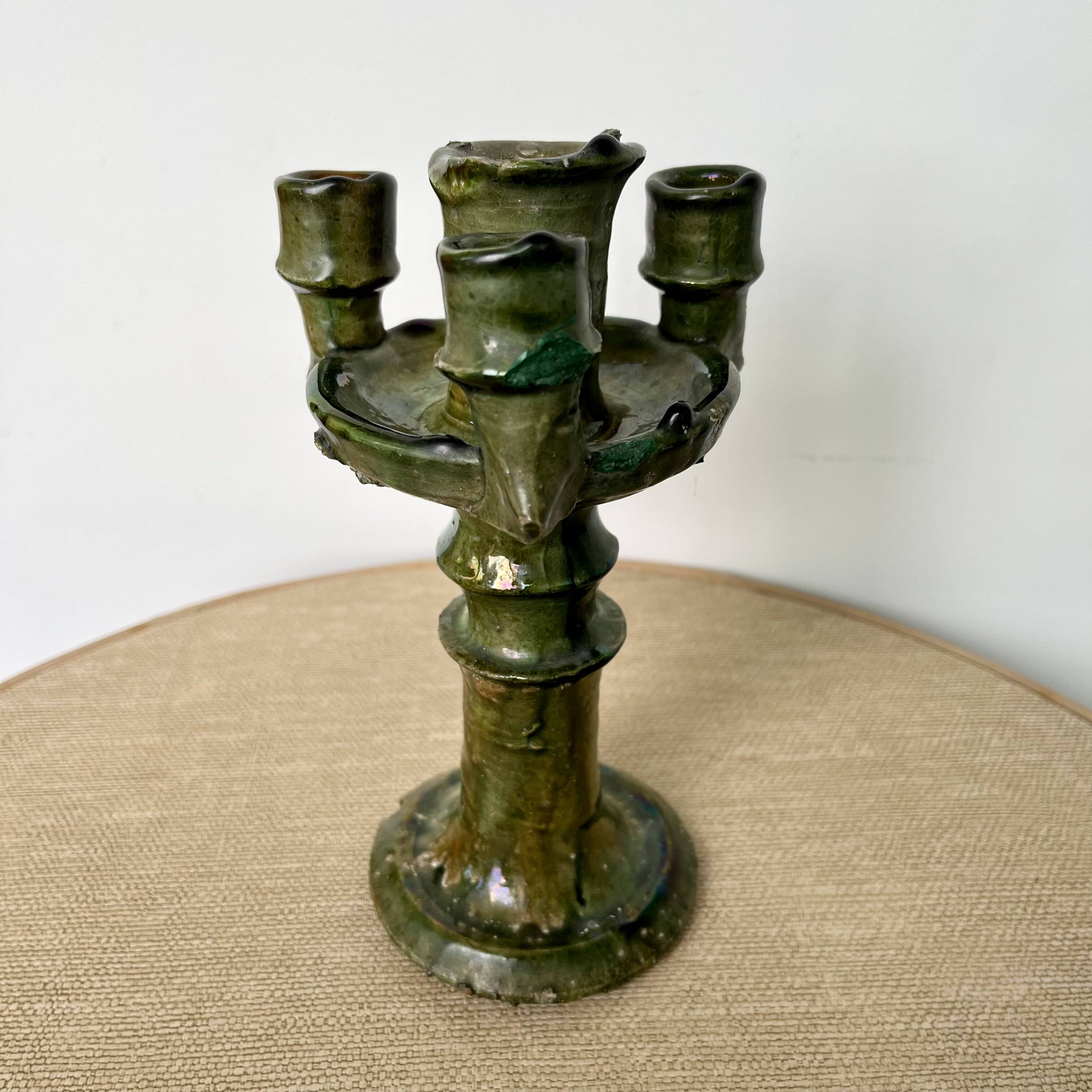 Antique Tamegroute candle holder oil lamp pottery Morocco terracotta