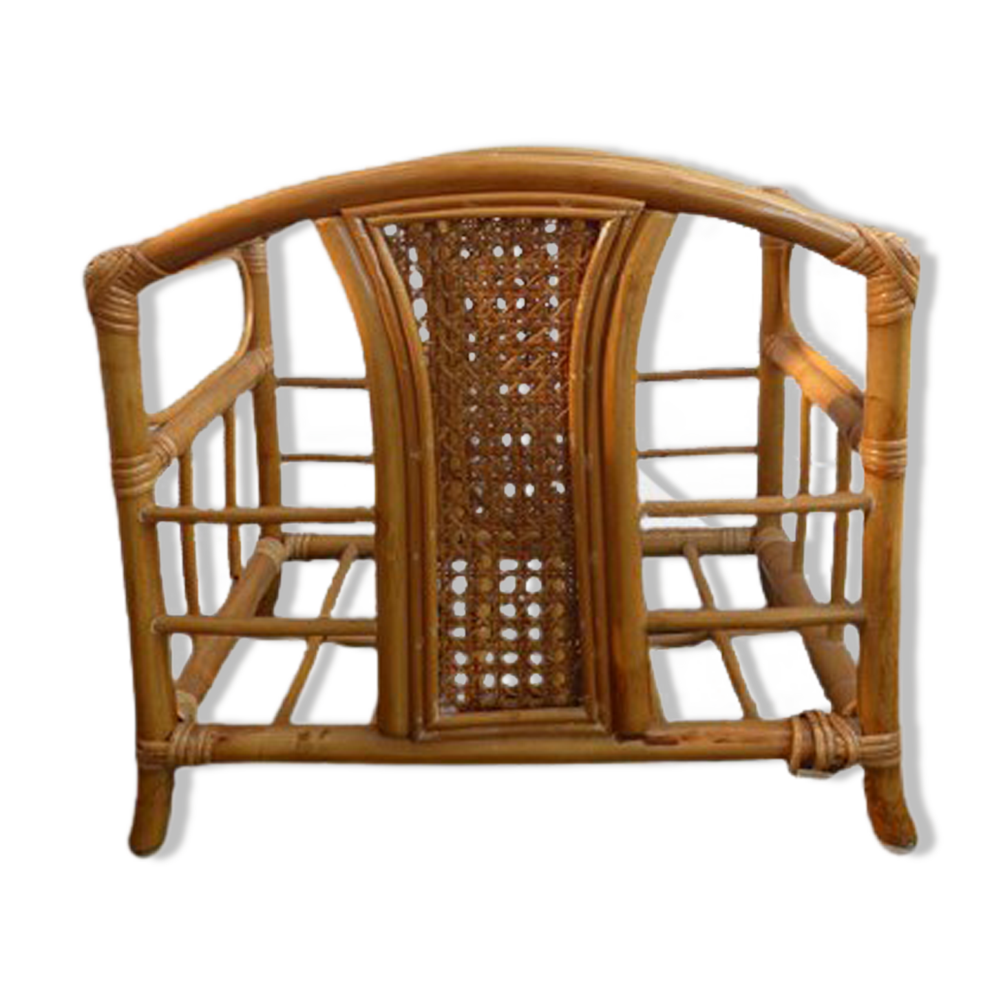 Wicker rattan magazine rack with vintage caning