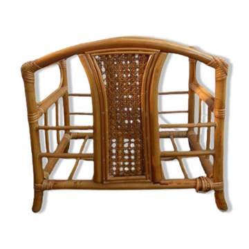 Wicker rattan magazine rack with vintage caning