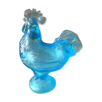 Bonbonniere coq en verre presse moule bleu portieux