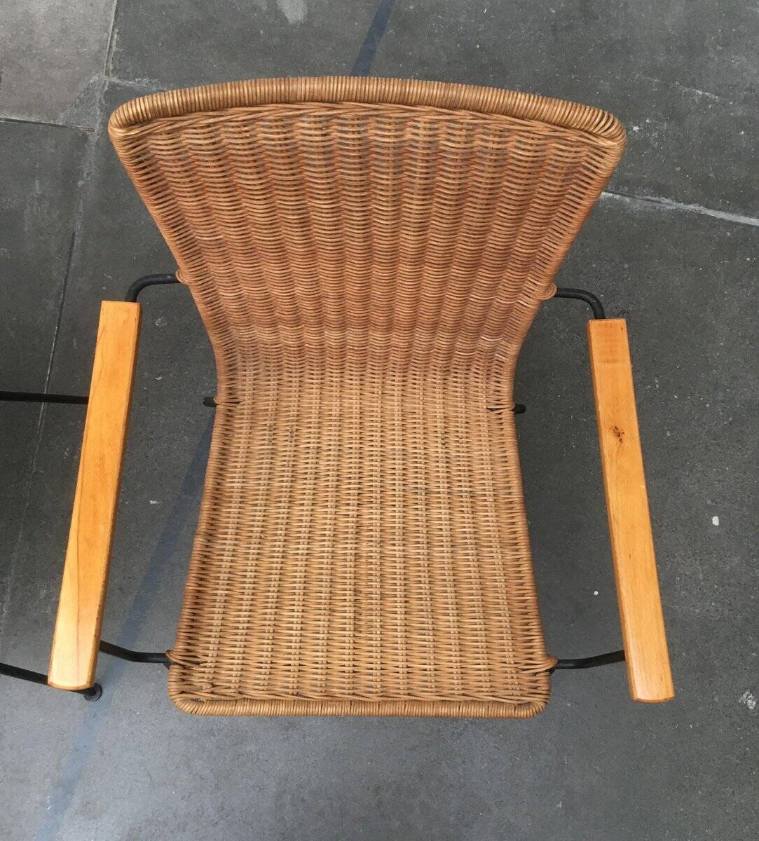Mid-century metal and rattan dining chairs, set of 3.