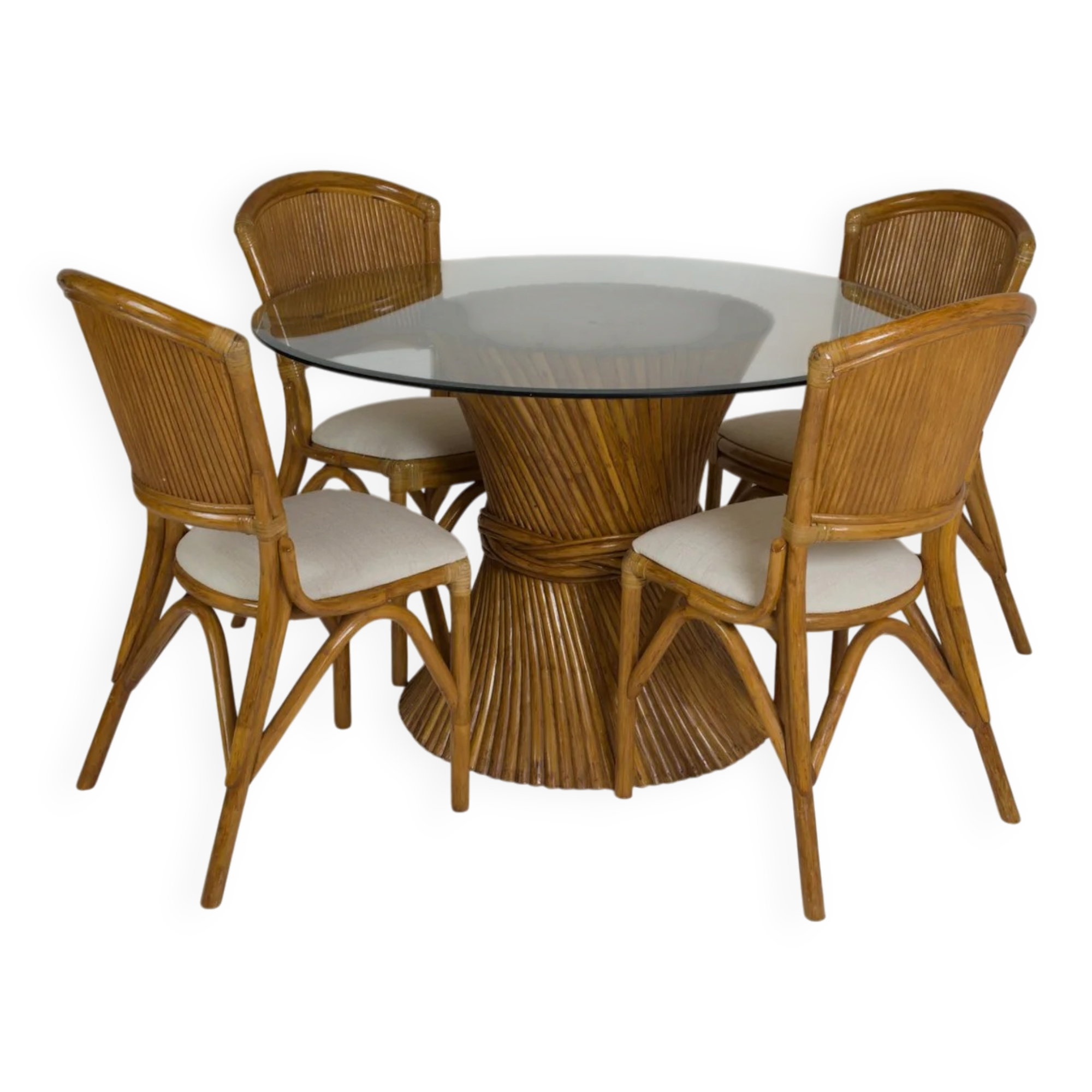 Ensemble table et 4 chaises vintage en rotin esprit Riviera