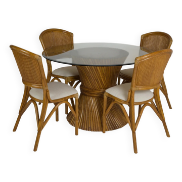Ensemble table et 4 chaises vintage en rotin esprit Riviera
