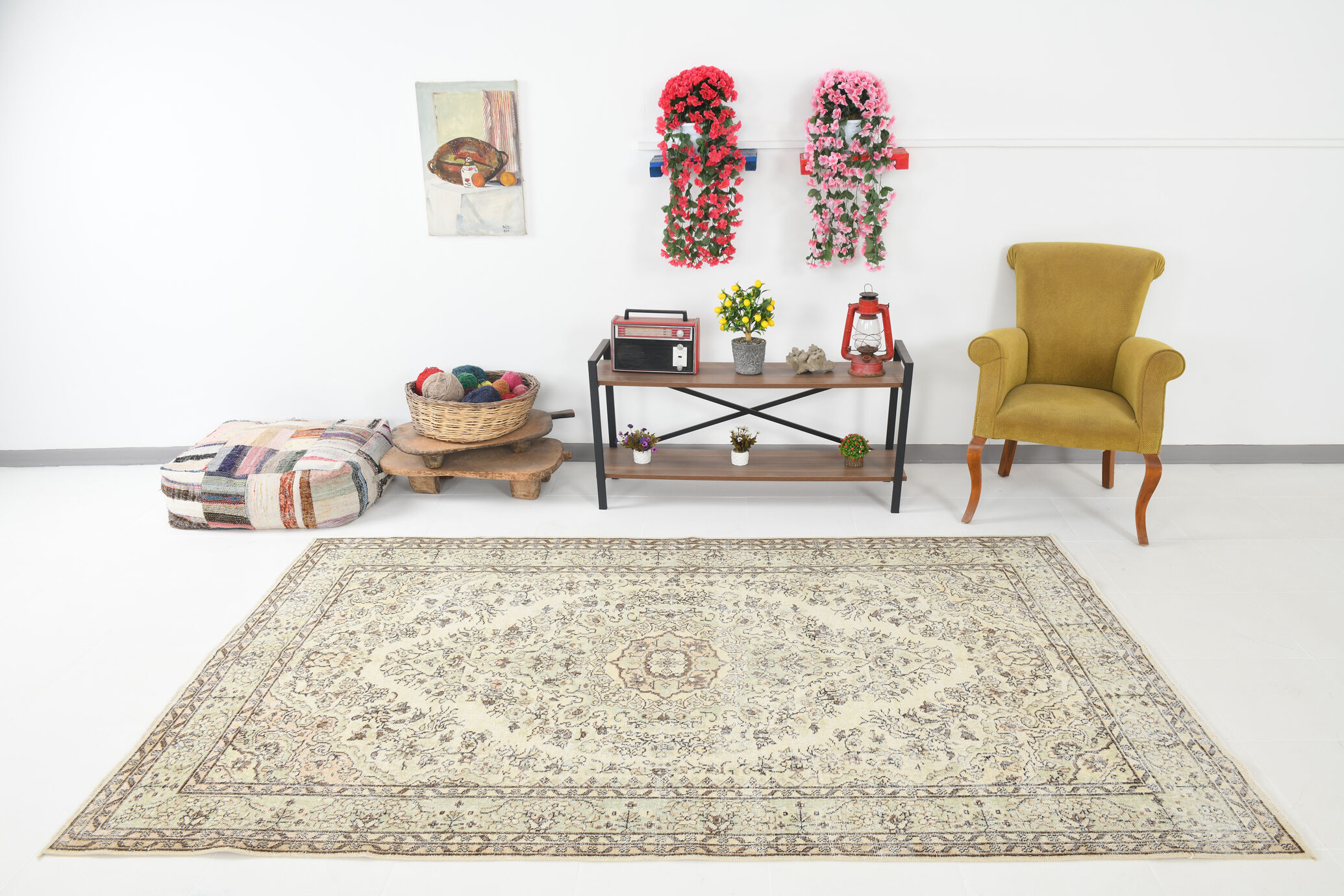 5x9 faded beige wool handknotted oushak rug, 276x166cm