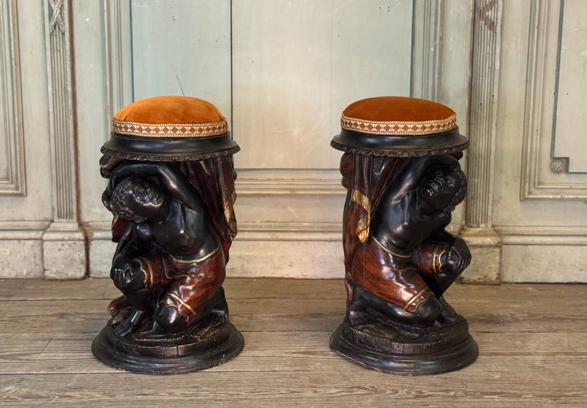 Pair of Nubian stools, polychrome sculptures, Venice circa 1880
