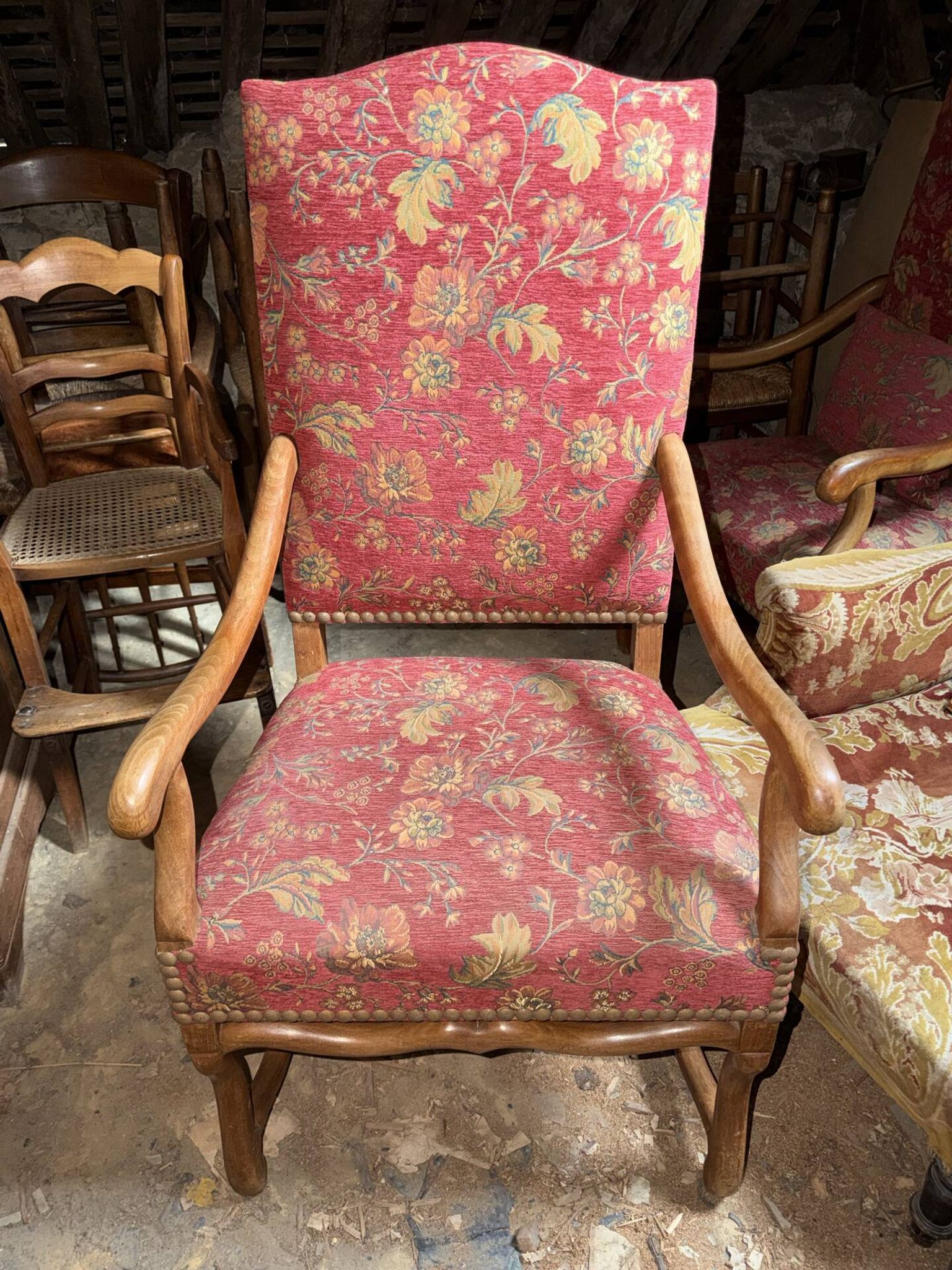 Pair of antique wooden armchairs – floral fabric + matching cushion
