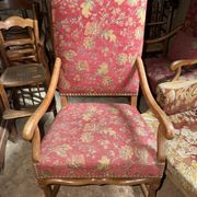 Pair of antique wooden armchairs – floral fabric + matching cushion