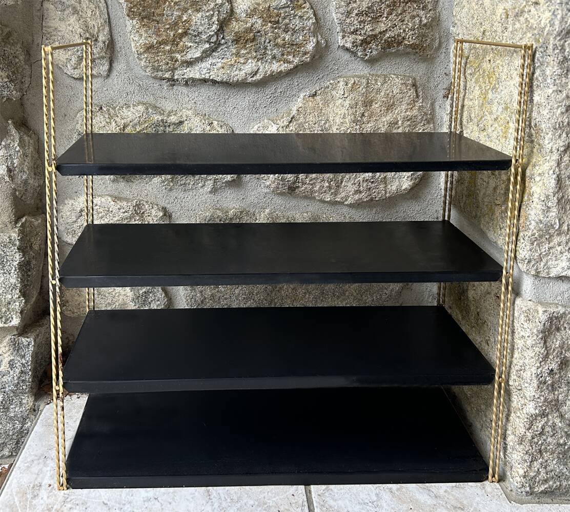 Double gold metal string shelves and black trays, vintage, 60s
