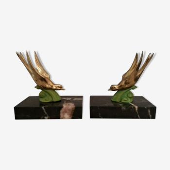 Pair of bookends and marble bookends Art Deco period swallows