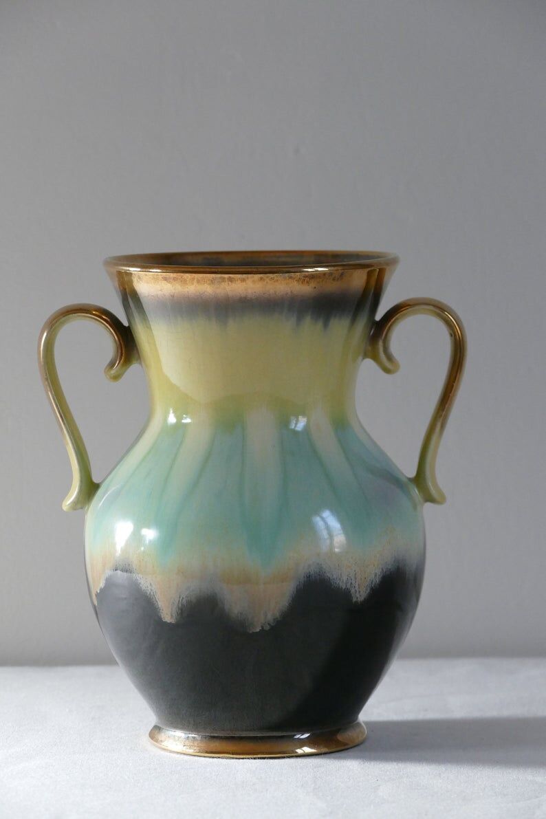 Vintage decorative amphore vase in gold glazed ceramic made in Germany
