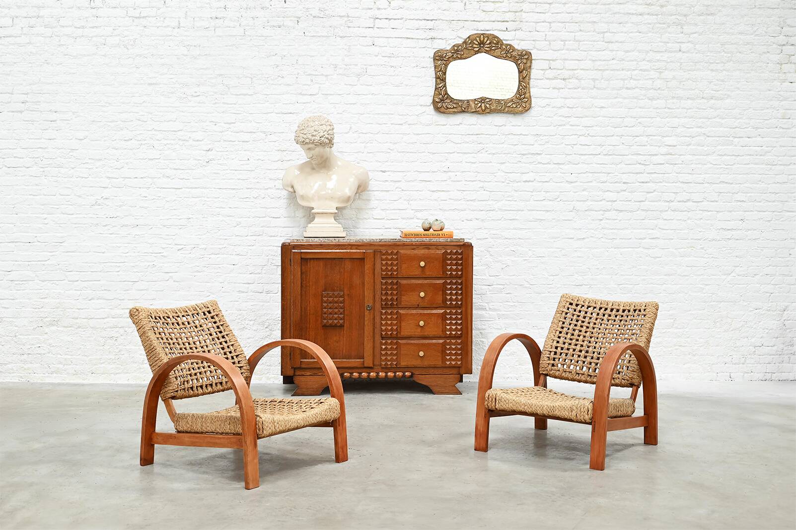 Oak Sculpted Art Deco Cabinet by Charles Dudouyt France, 1930s