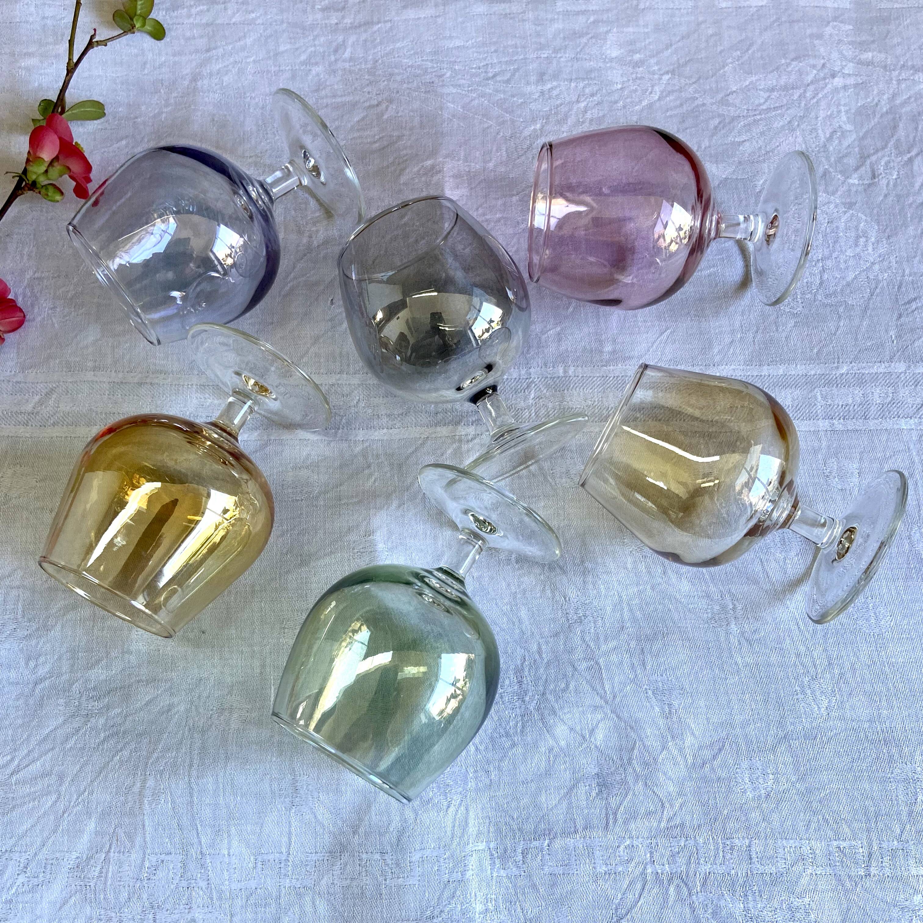 6 vintage glasses of iridescent colors