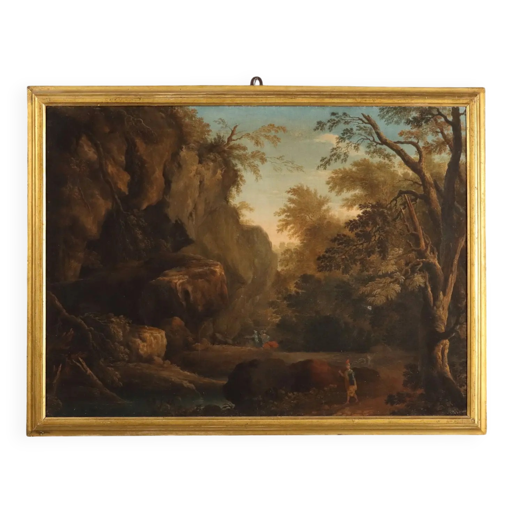 Old painting of a landscape with figures, oil on canvas, 18th century.