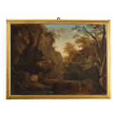 Old painting of a landscape with figures, oil on canvas, 18th century.