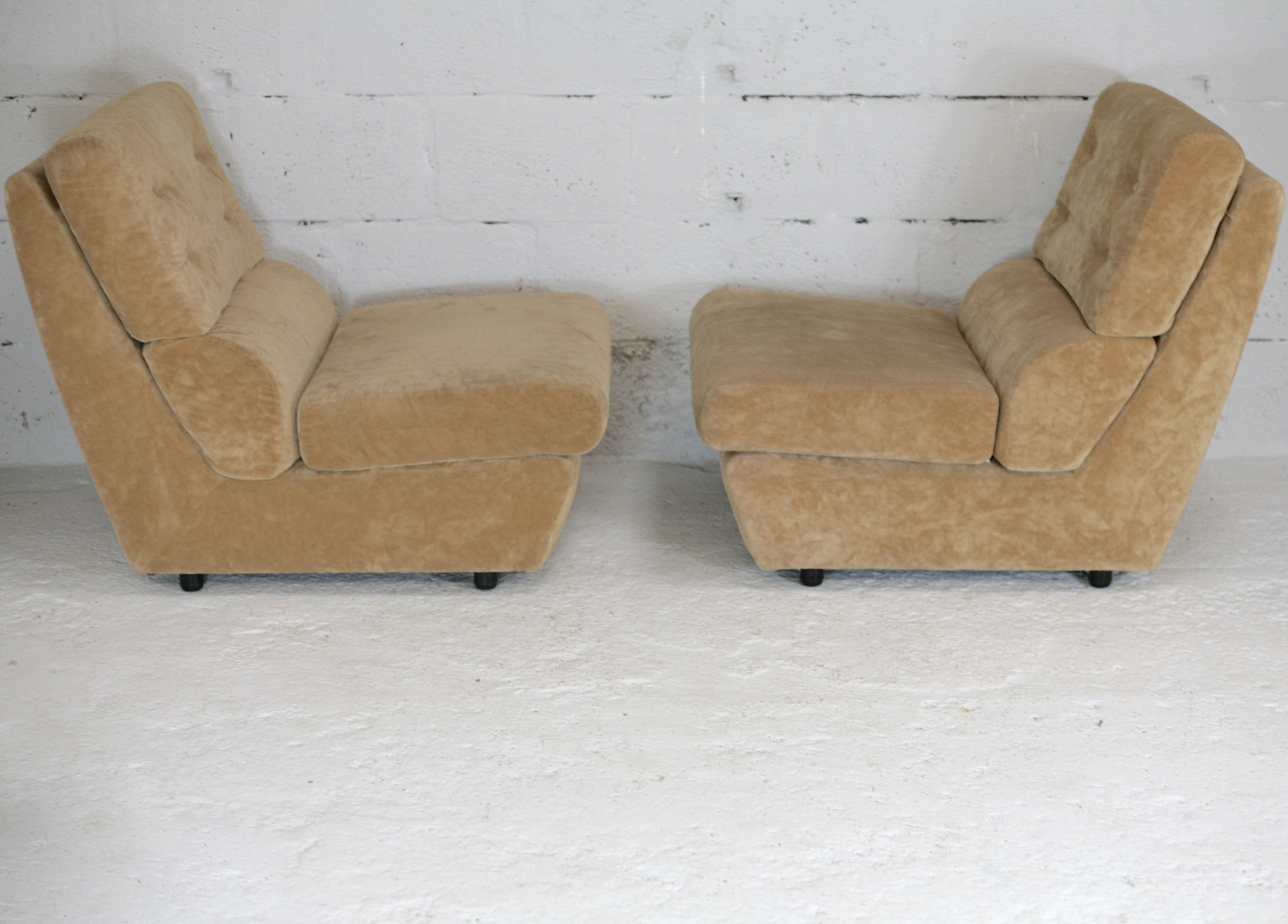 Pair of armchairs "Space Age", foam and velvet "honey", France, circa 1970