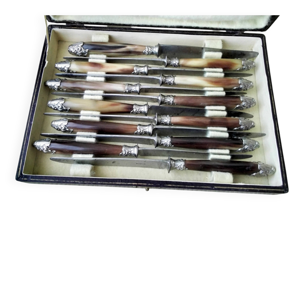 Coffret de 12 couteaux à fromage ou dessert anciens . Acier et corne bovine