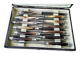 Box of 12 antique cheese or dessert knives. Steel and bovine horn.