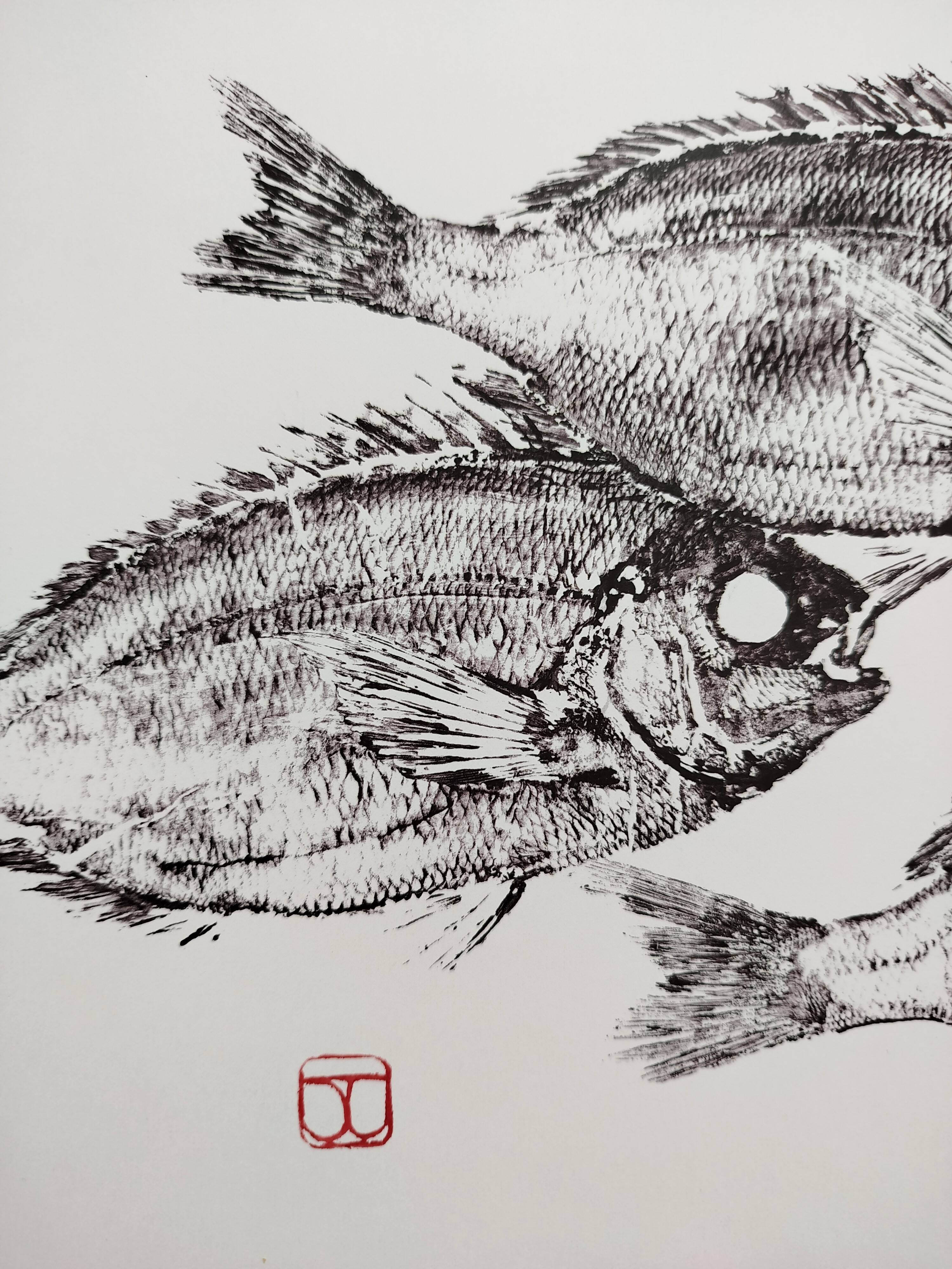 Framed art print, "Print of a school of sea bream" (gyotaku)