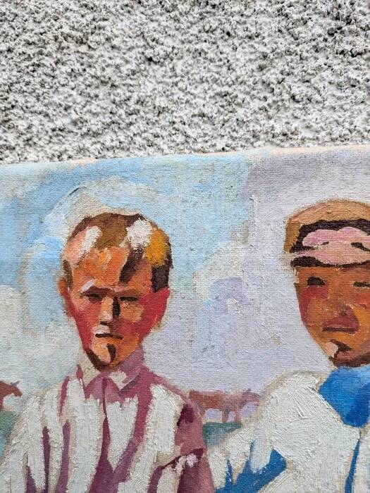 Oil on canvas, painting of young men.