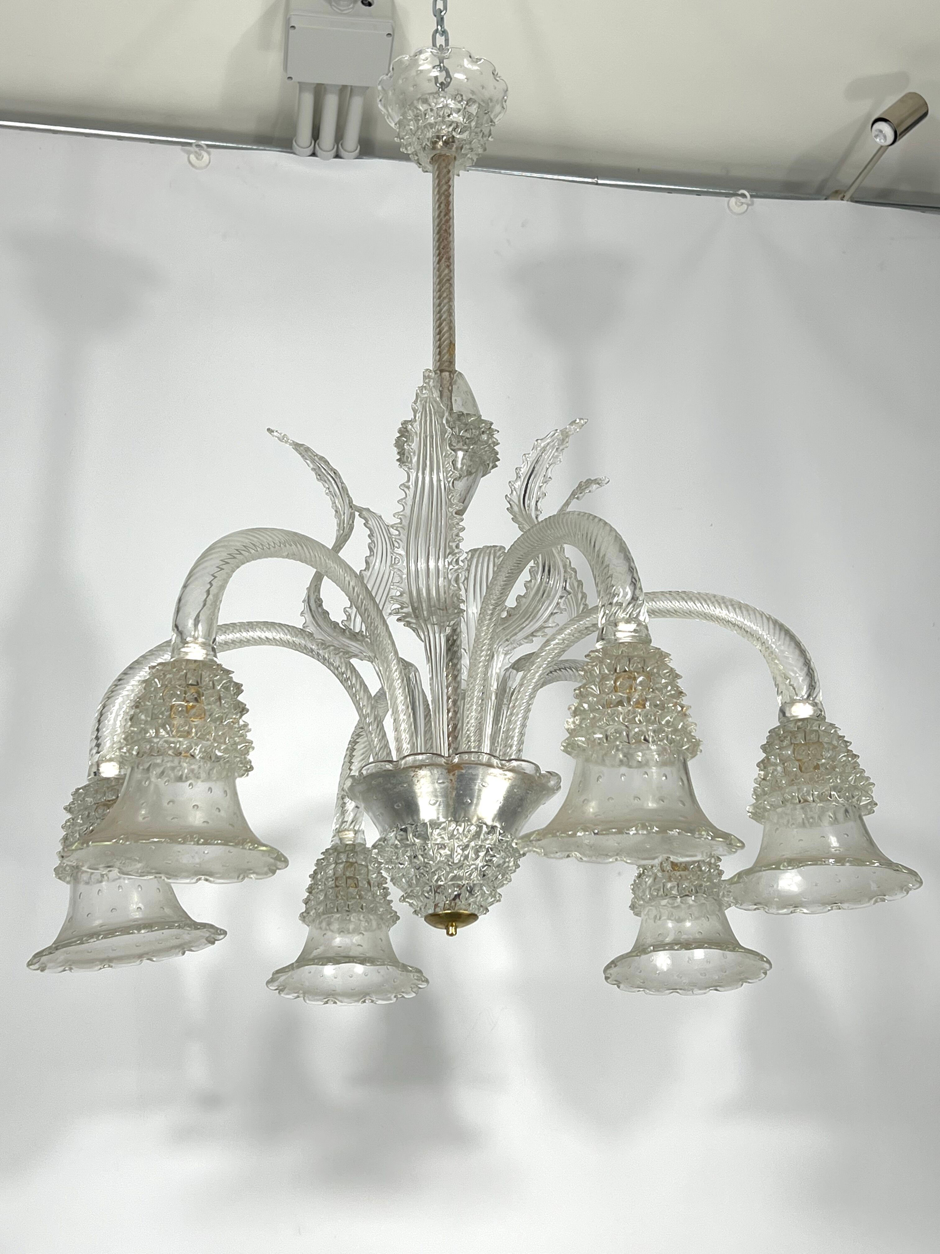 Mid-century six arms Murano Bullicante Rostrato chandelier by Ercole Barovier
