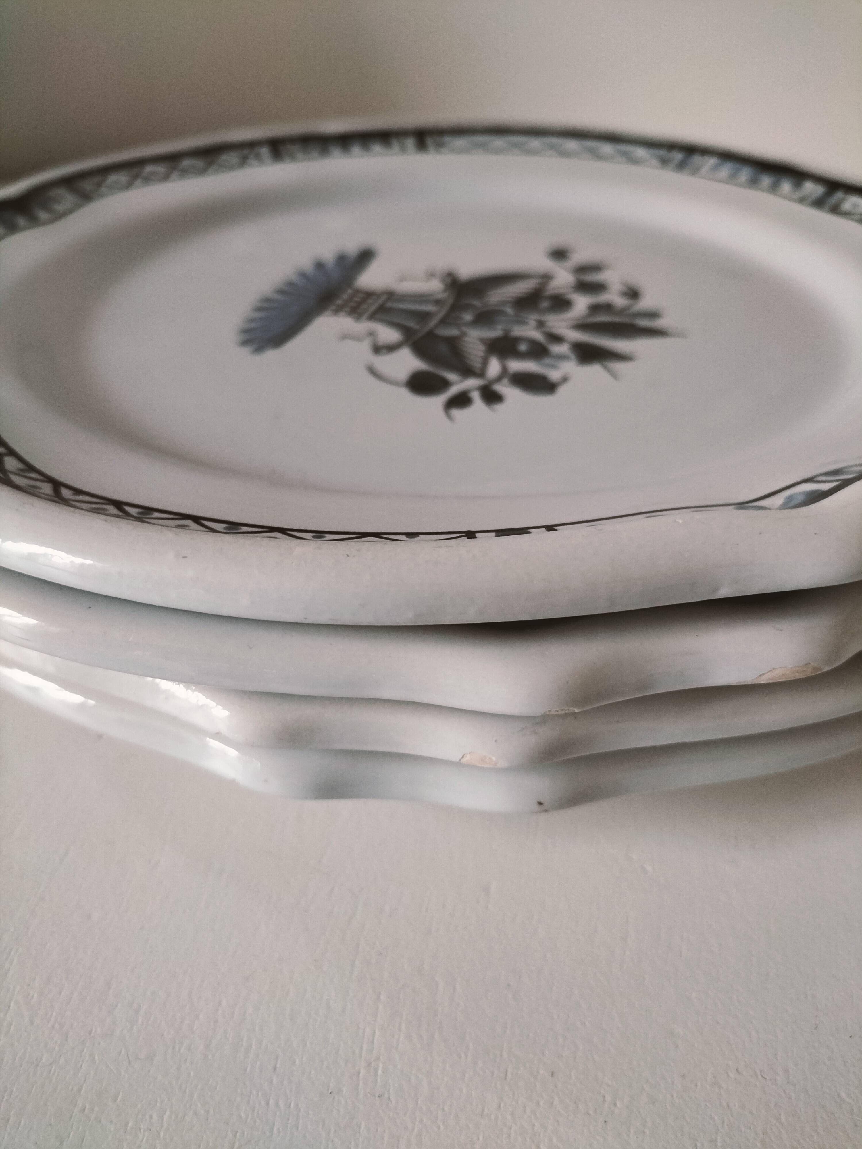 4 earthenware plates with old Rouen decoration, handmade blue floral basket