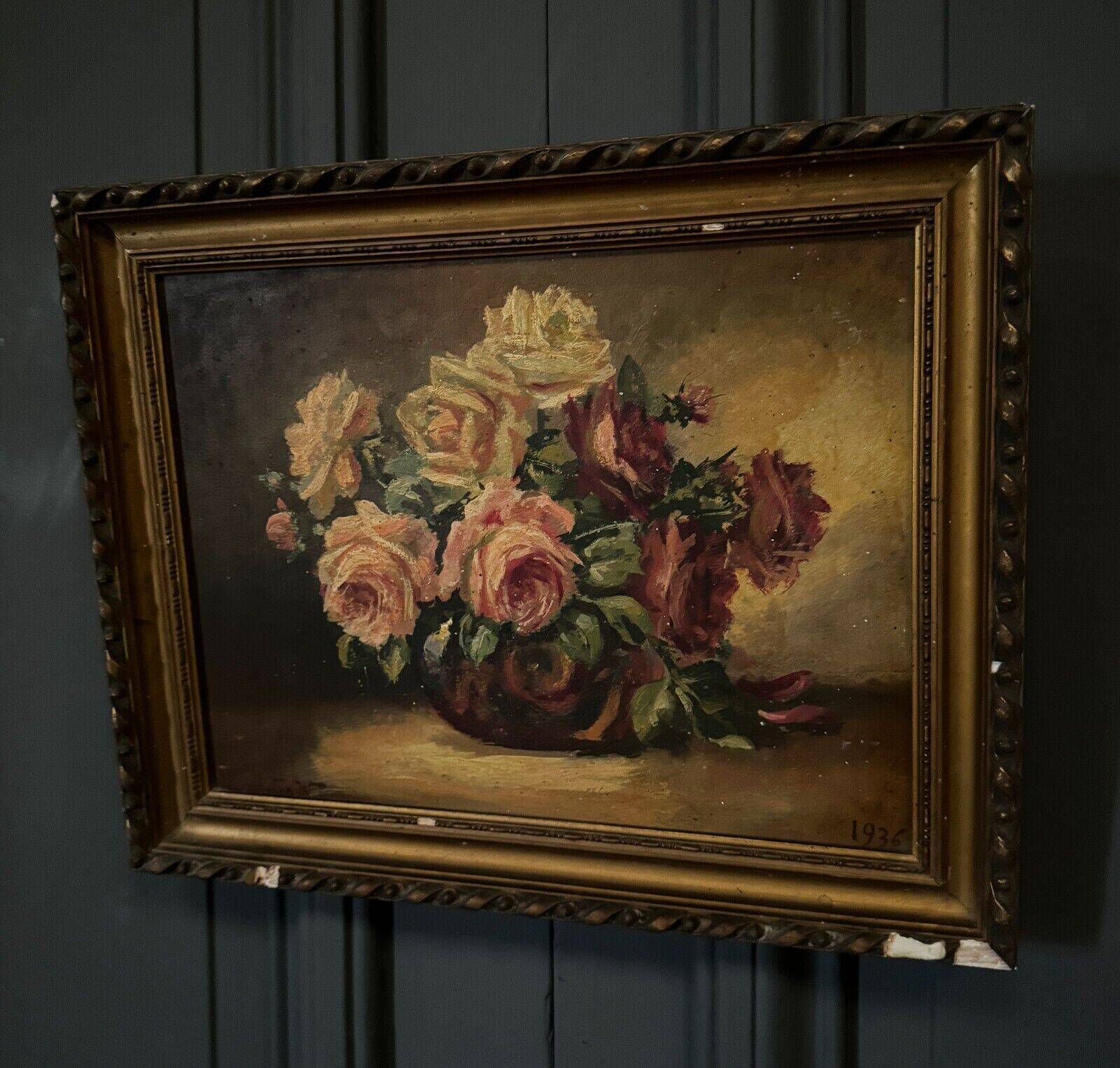 Oil on panel signed still life bouquet of roses 1936