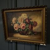Oil on panel signed still life bouquet of roses 1936